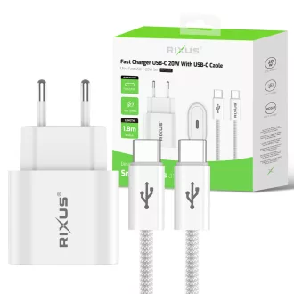   Rixus RXHC20C USB-C 20W-os Hálózati adapter, USB-C - USB-C Kábel 1.8m, Fehér